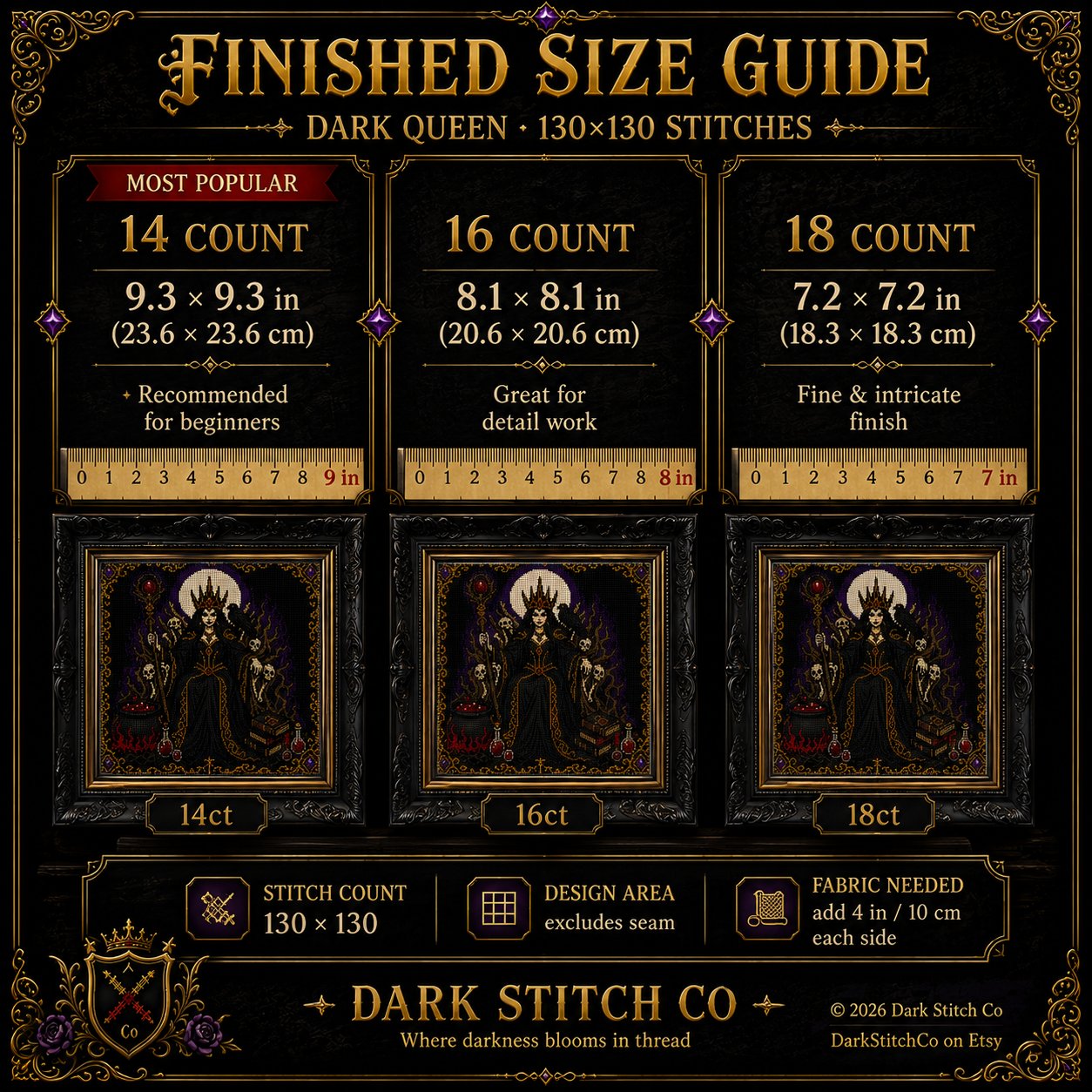 Gothic Witch Queen cross stitch black and white symbol chart preview — printer friendly