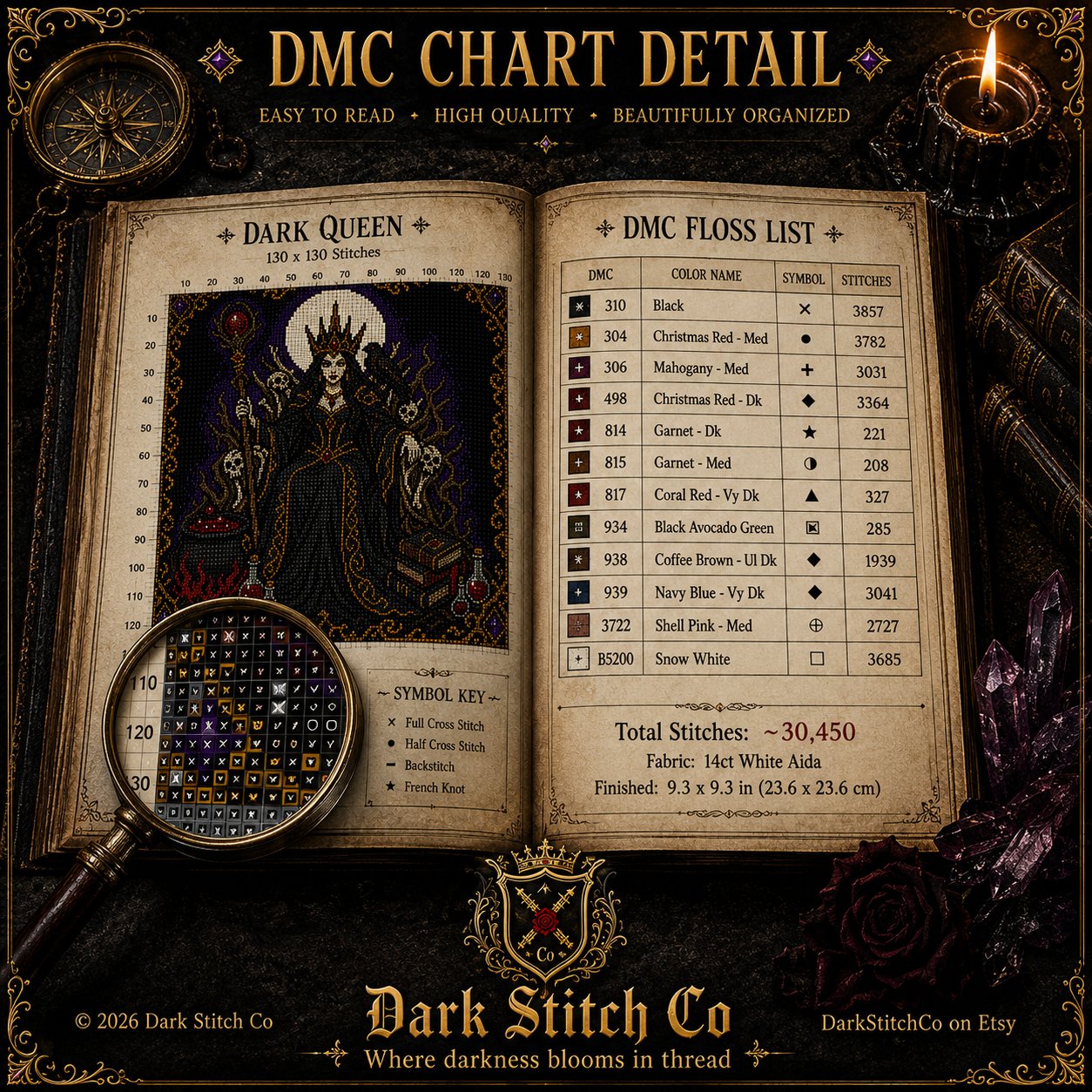 Gothic Witch Queen cross stitch finished on white Aida fabric with embroidery hoop