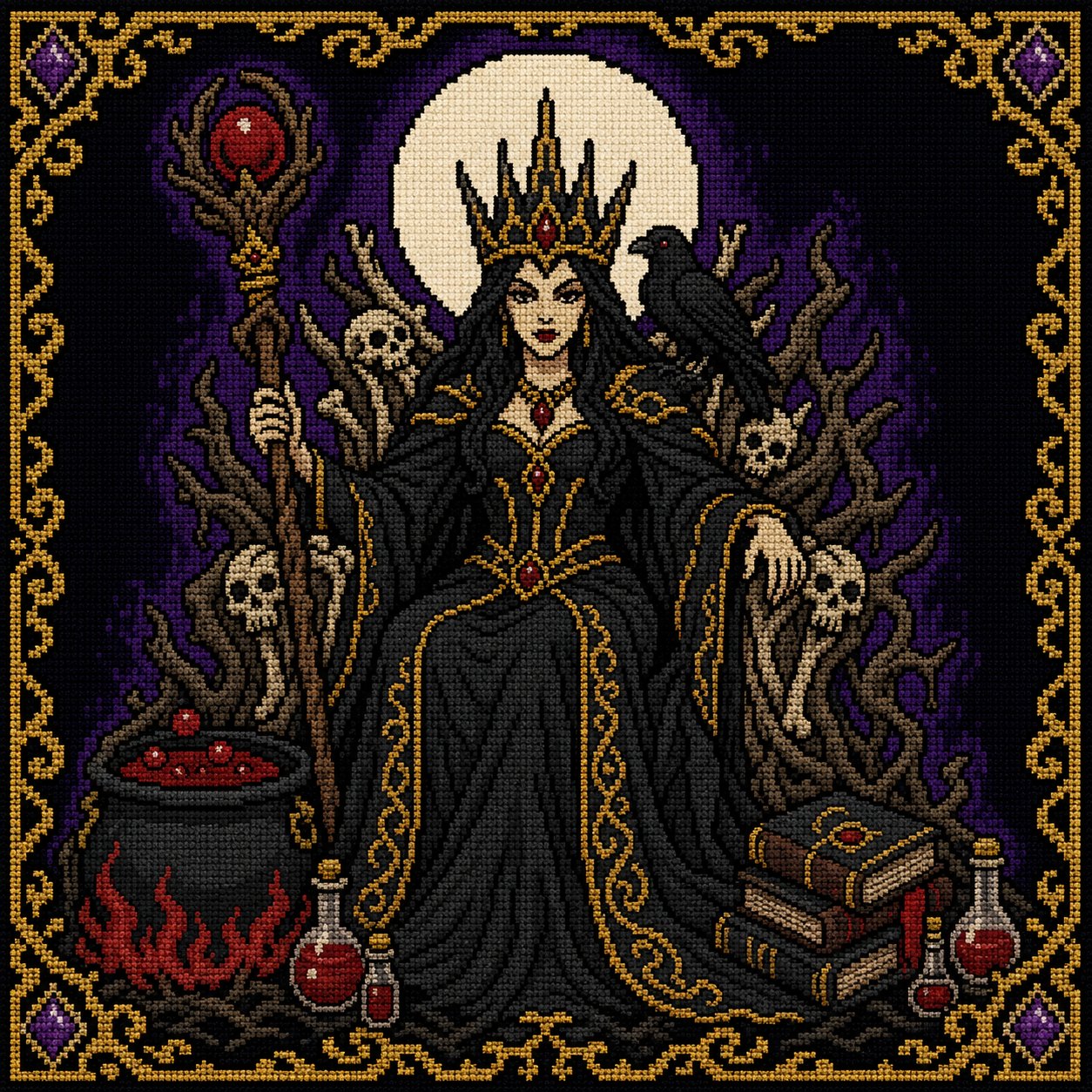 Gothic Witch Queen cross stitch pattern by DarkStitchCo — instant PDF download with bonus patterns