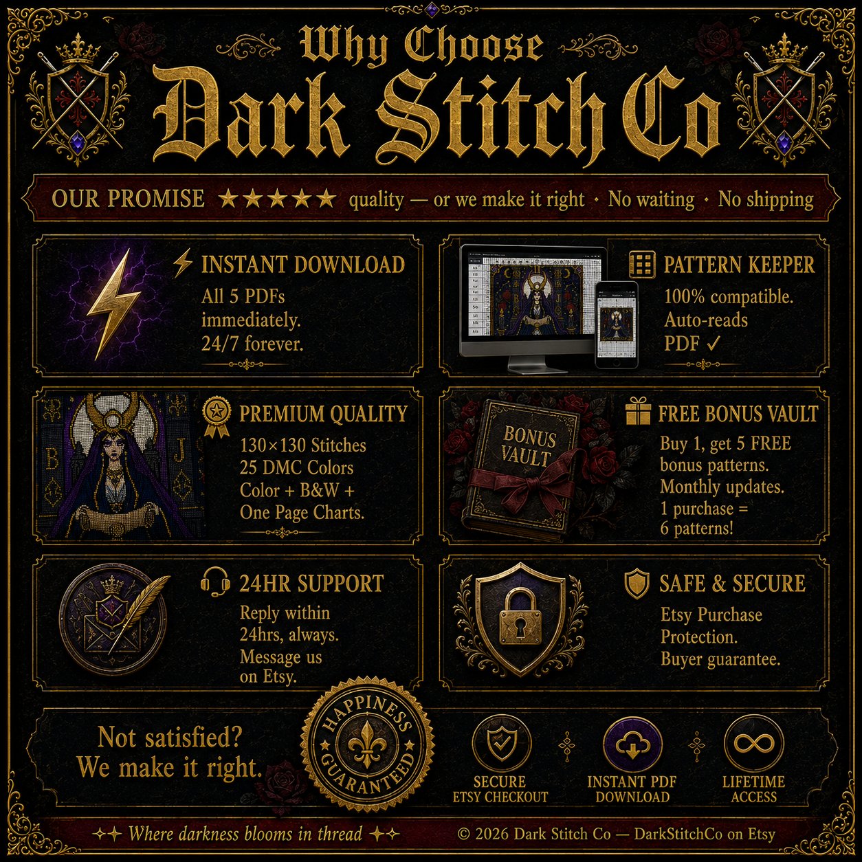 High Priestess Tarot Card Ii cross stitch pattern PDF — dark fantasy 130x130 design by DarkStitchCo