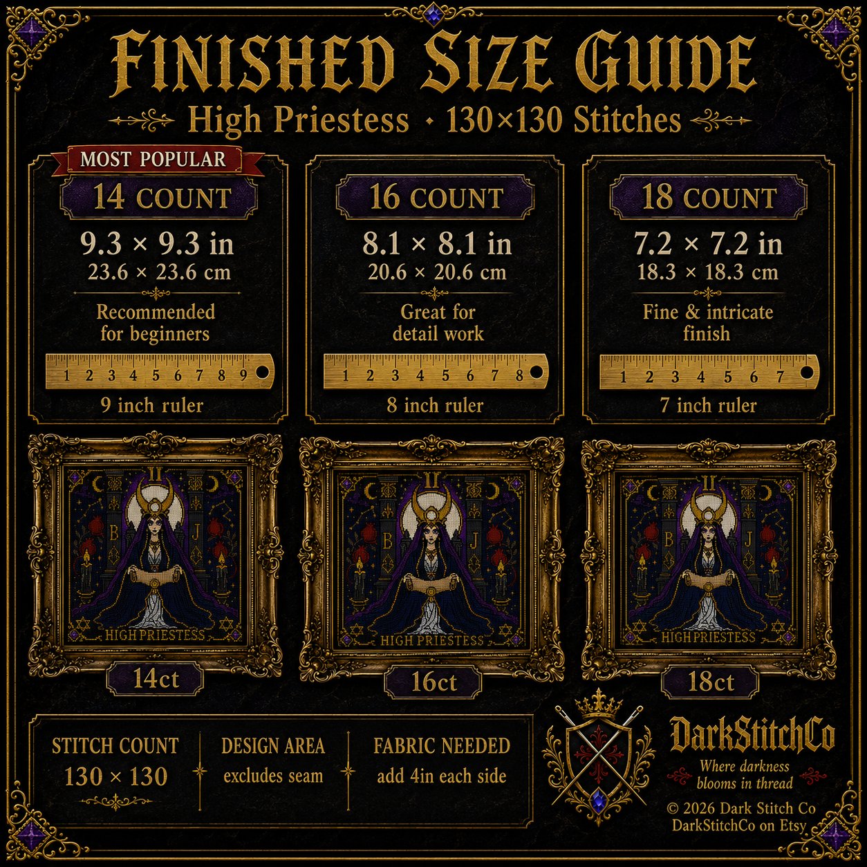 High Priestess Tarot Card Ii cross stitch color chart preview with full DMC floss code list