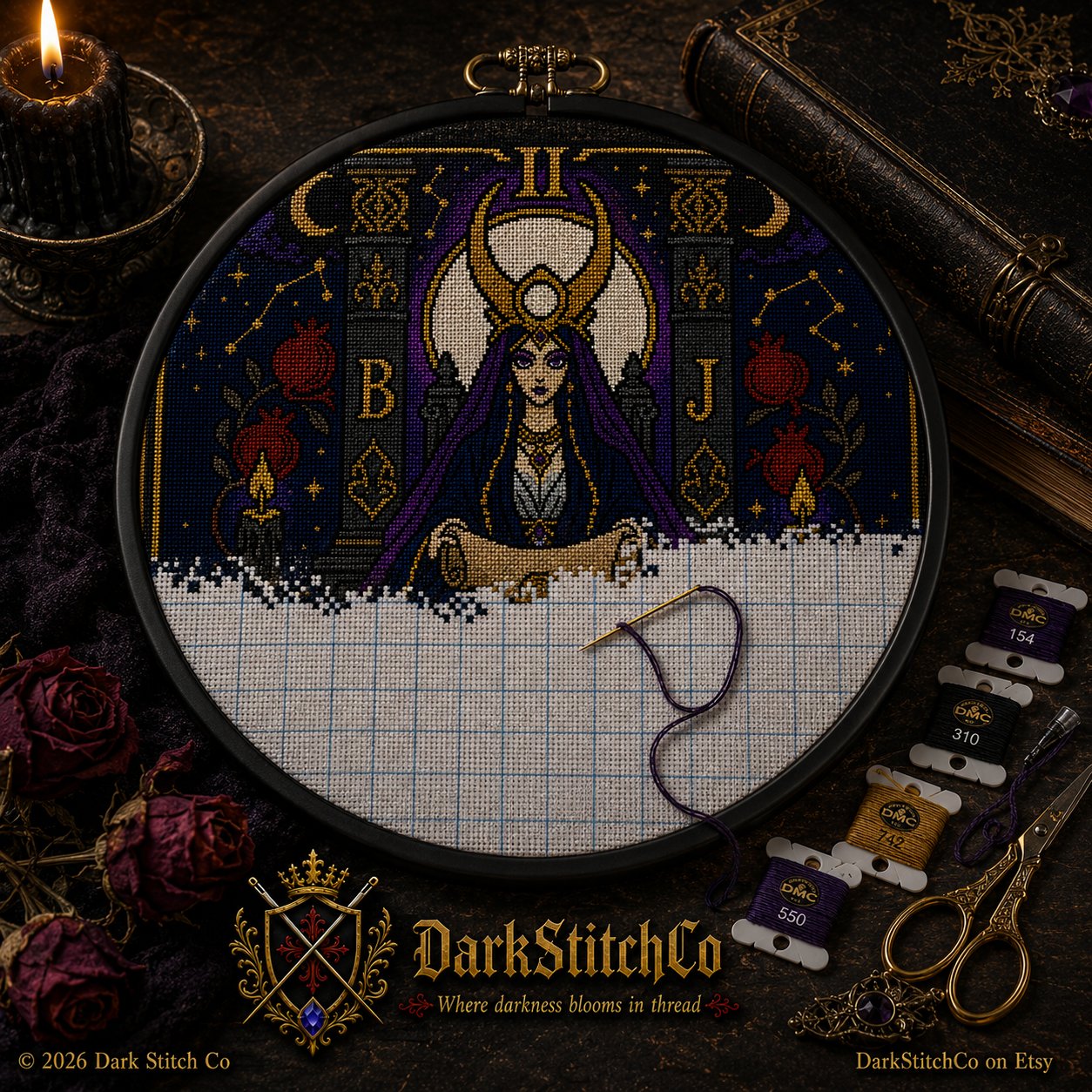 High Priestess Tarot Card Ii cross stitch hoop displayed in witchy gothic home decor aesthetic