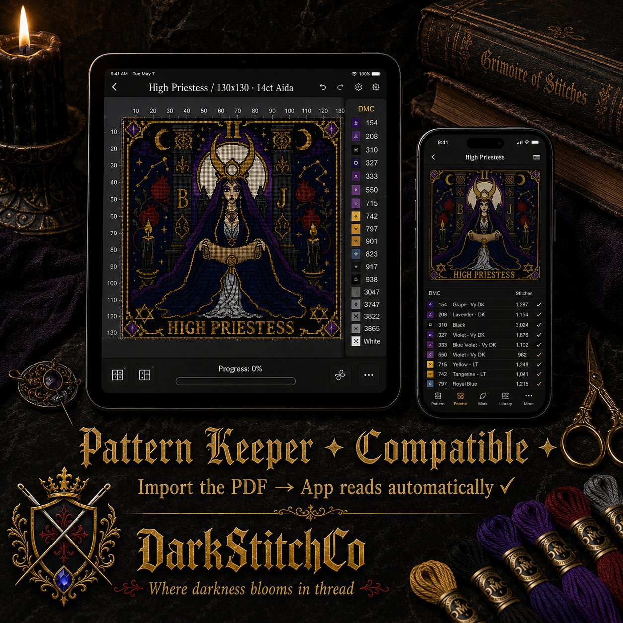 High Priestess Tarot Card Ii cross stitch pattern shown with DMC floss thread color palette