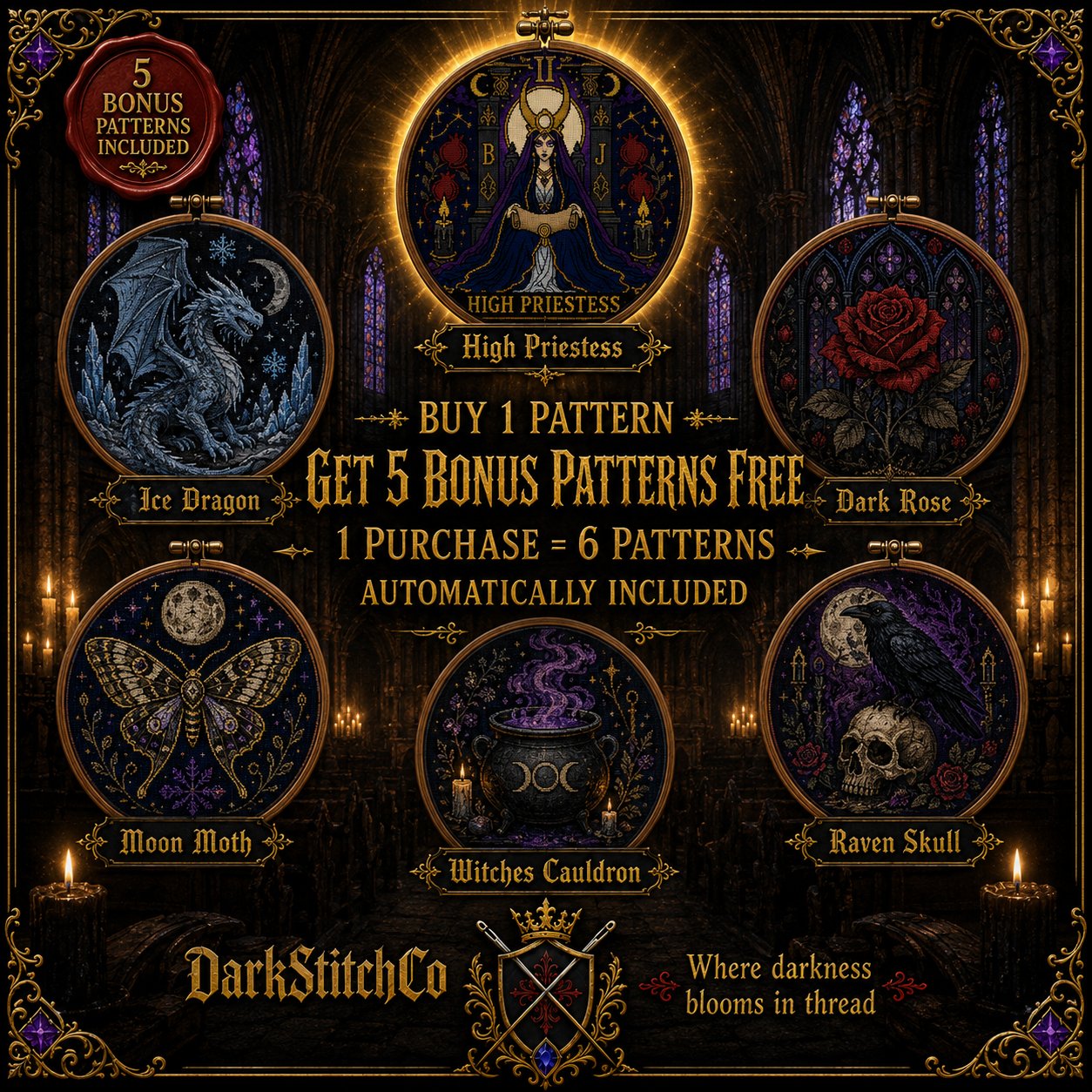 High Priestess Tarot Card Ii cross stitch black and white symbol chart preview — printer friendly