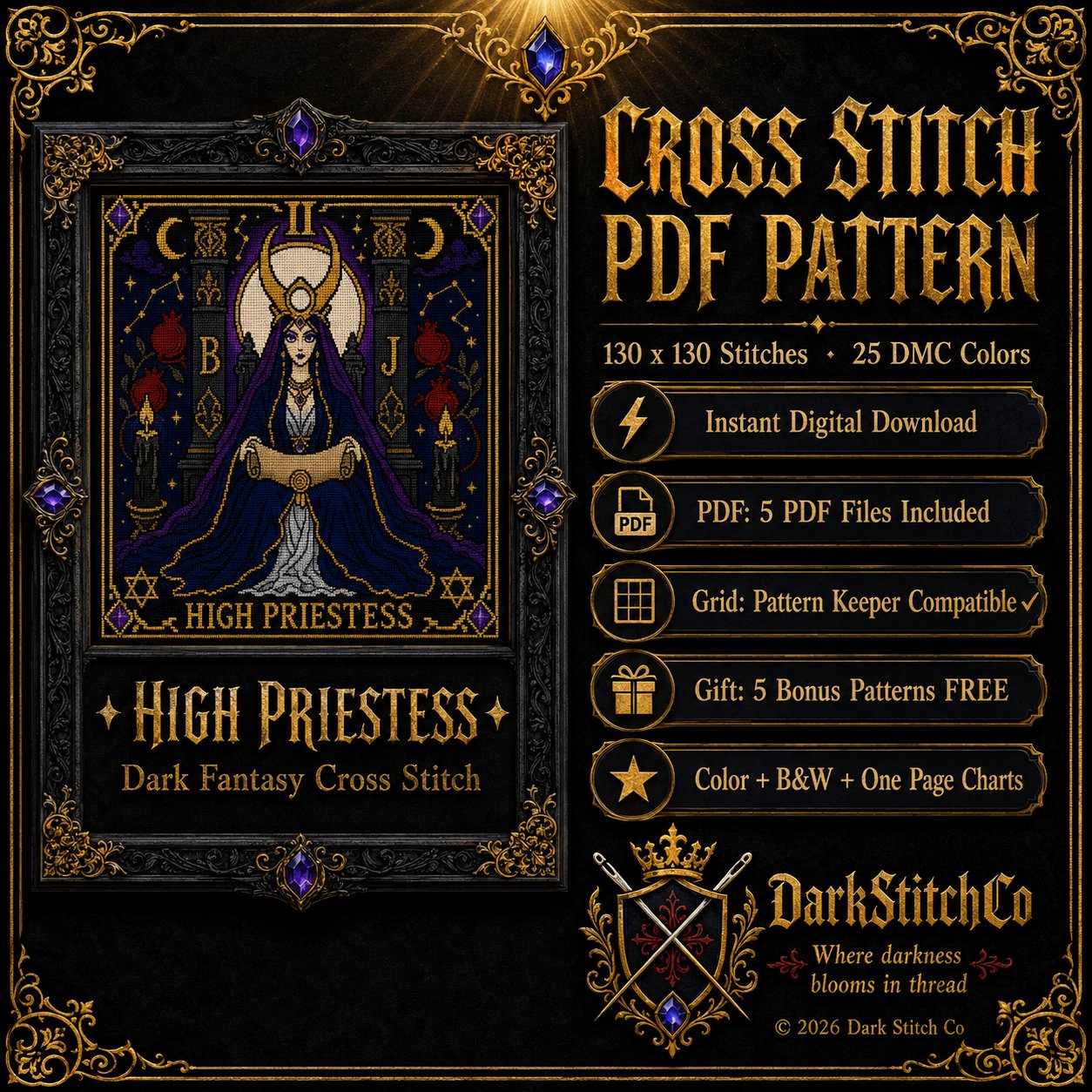 High Priestess Tarot Card Ii cross stitch pattern by DarkStitchCo — instant PDF download with bonus patterns