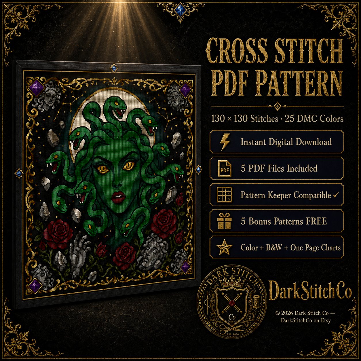 Medusa Portrait cross stitch color chart preview with full DMC floss code list