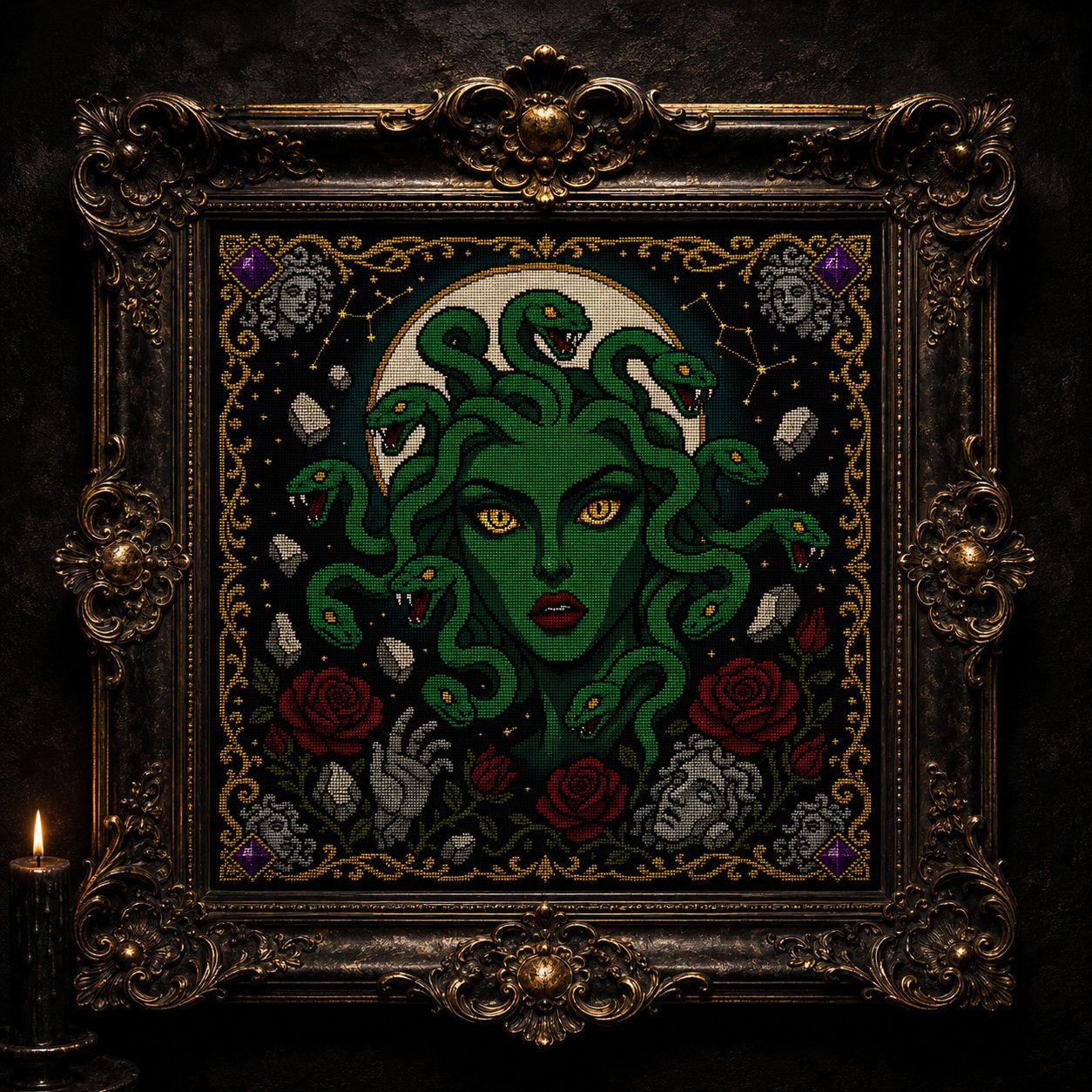 Medusa Portrait cross stitch hoop displayed in witchy gothic home decor aesthetic