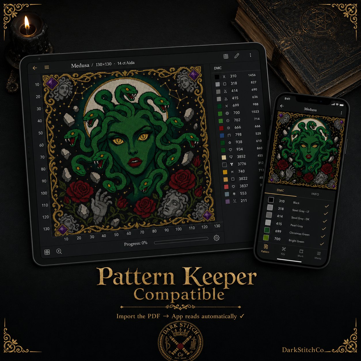 Medusa Portrait cross stitch black and white symbol chart preview — printer friendly