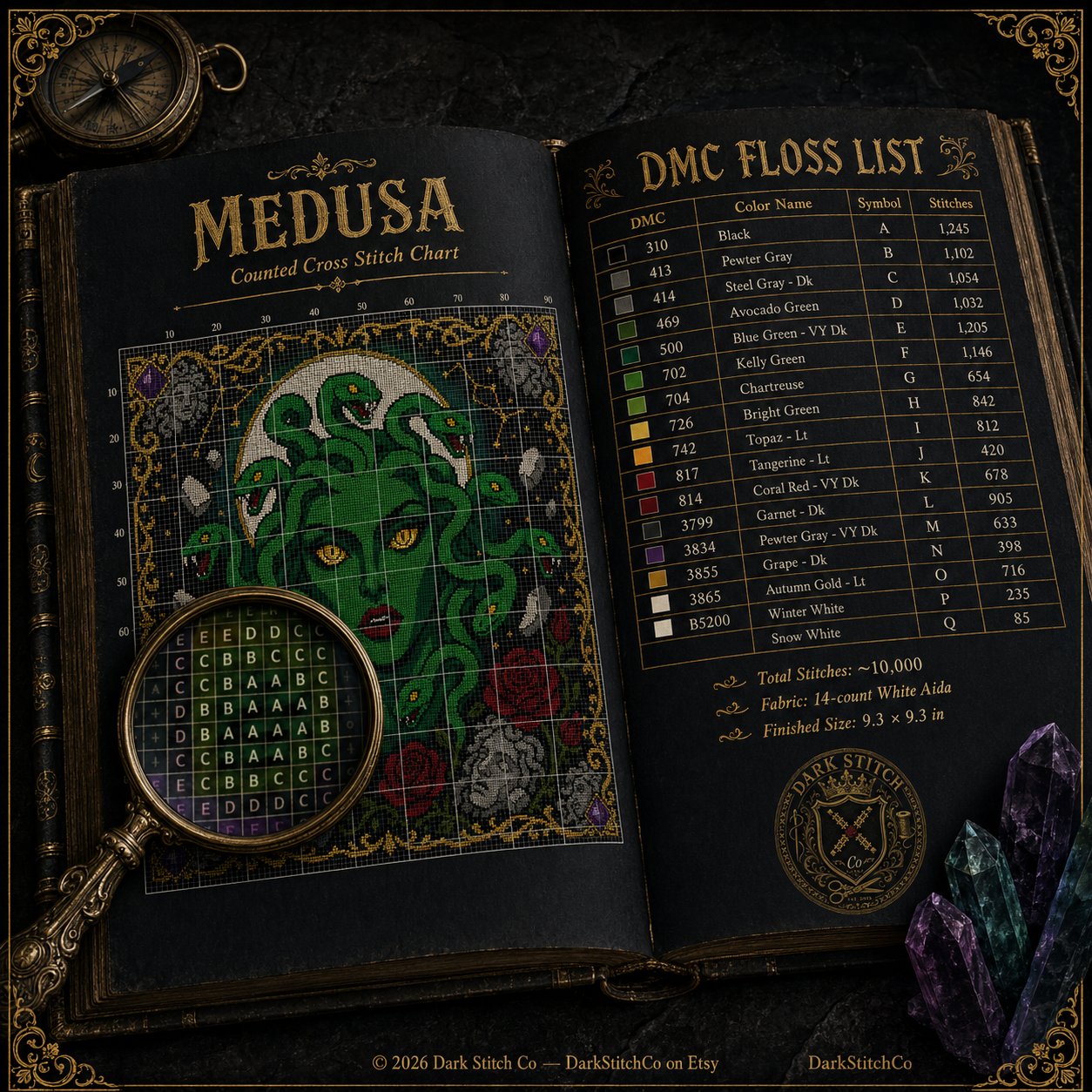 Medusa Portrait cross stitch finished on white Aida fabric with embroidery hoop