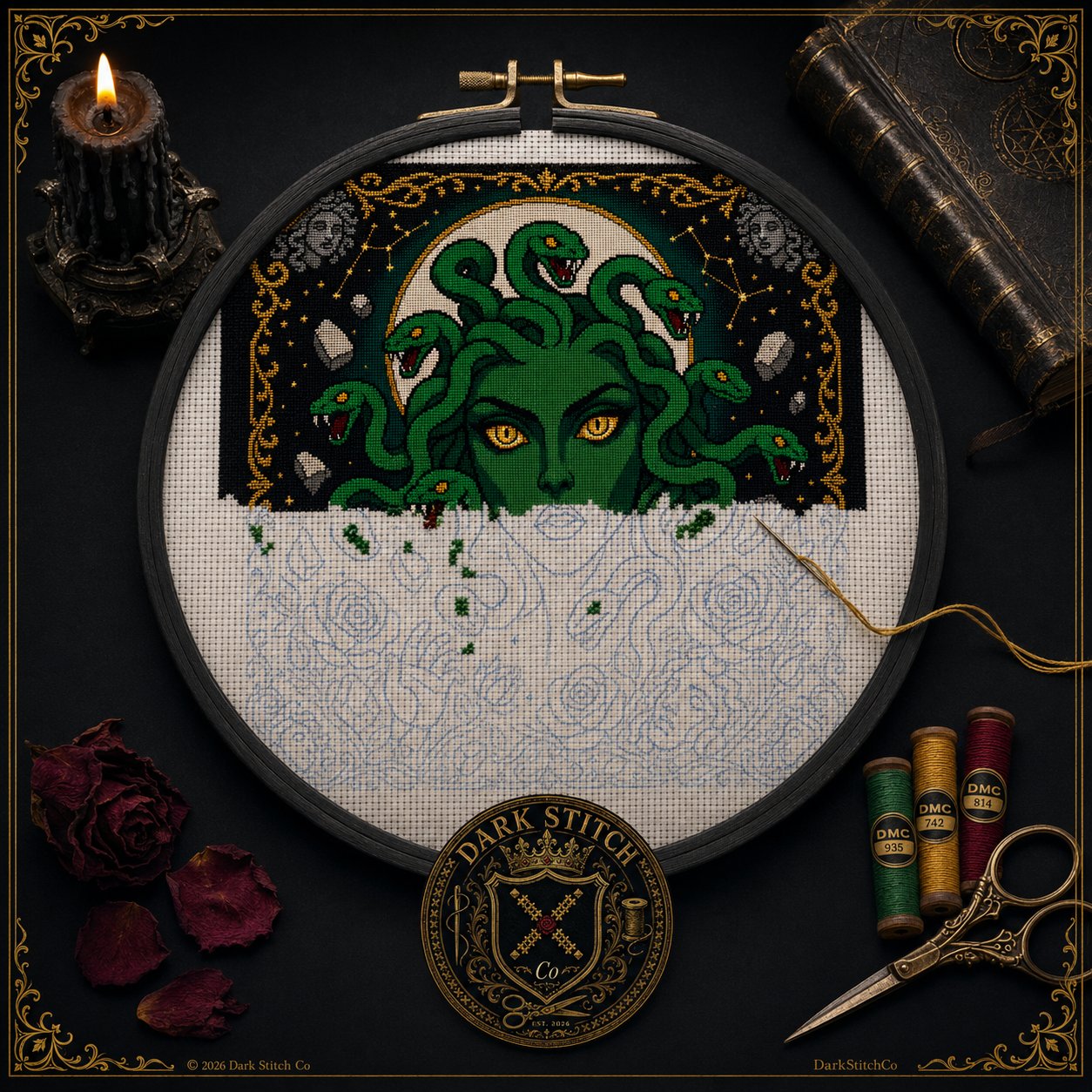 Medusa Portrait cross stitch gift idea for gothic stitchers and dark fantasy lovers