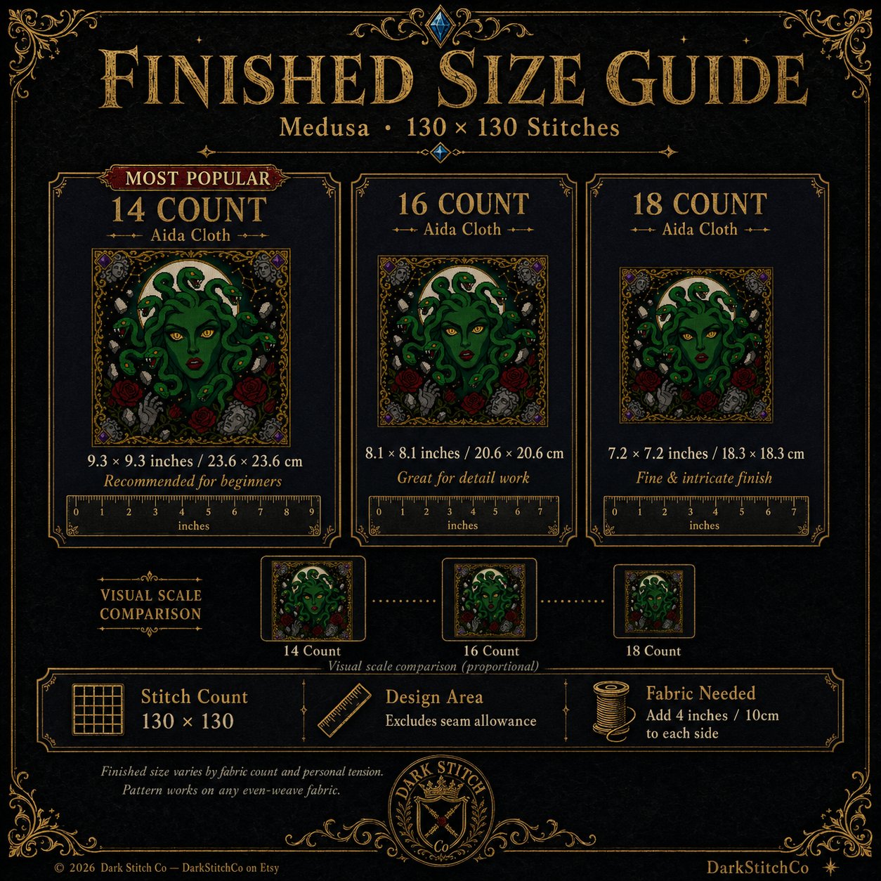 Medusa Portrait cross stitch pattern by DarkStitchCo — instant PDF download with bonus patterns