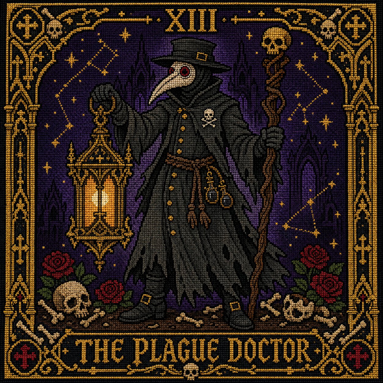 Plague Doctor Tarot Card Xi cross stitch color chart preview with full DMC floss code list