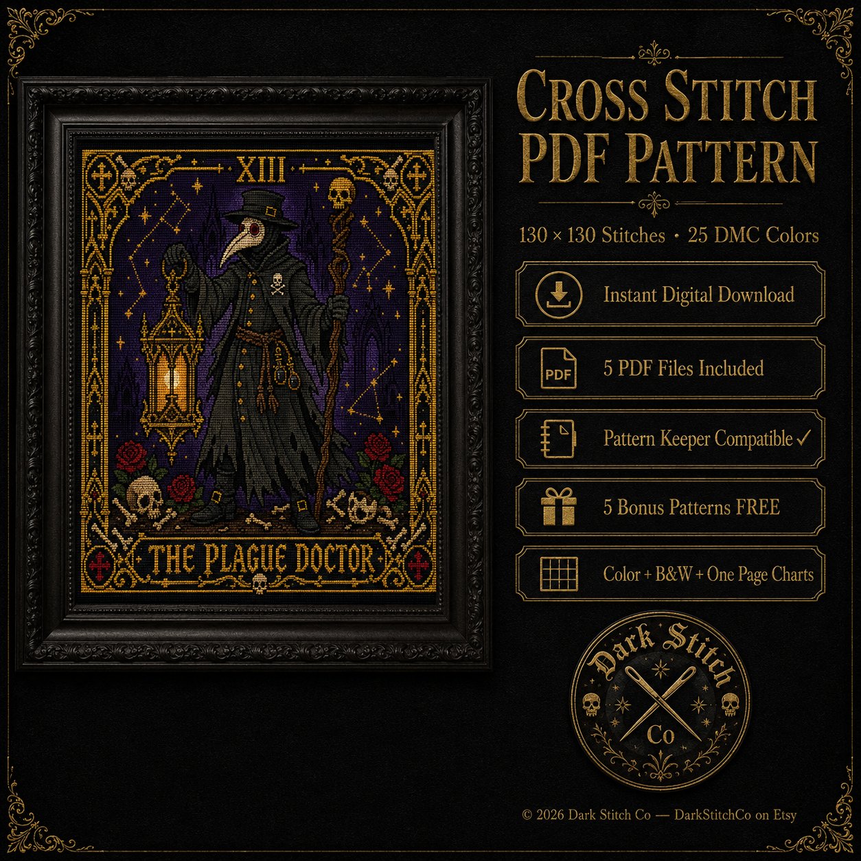 Plague Doctor Tarot Card Xi cross stitch hoop displayed in witchy gothic home decor aesthetic
