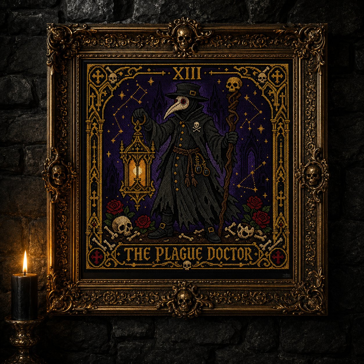 Plague Doctor Tarot Card Xi cross stitch close-up detail showing intricate gothic stitch work