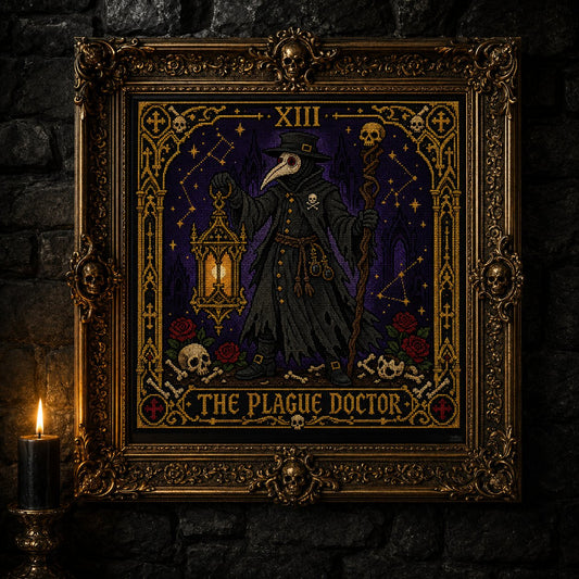 Plague Doctor Tarot Card Xi cross stitch close-up detail showing intricate gothic stitch work