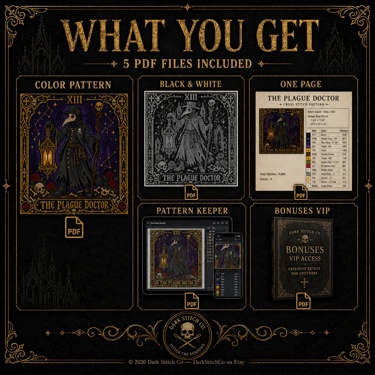 Plague Doctor Tarot Card Xi cross stitch pattern shown with DMC floss thread color palette