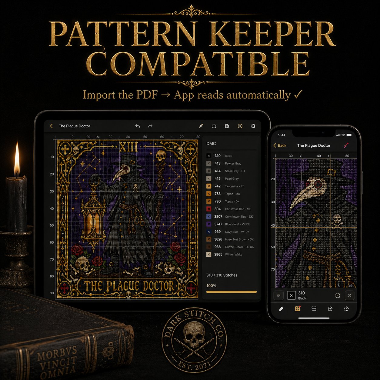 Plague Doctor Tarot Card Xi cross stitch finished on white Aida fabric with embroidery hoop