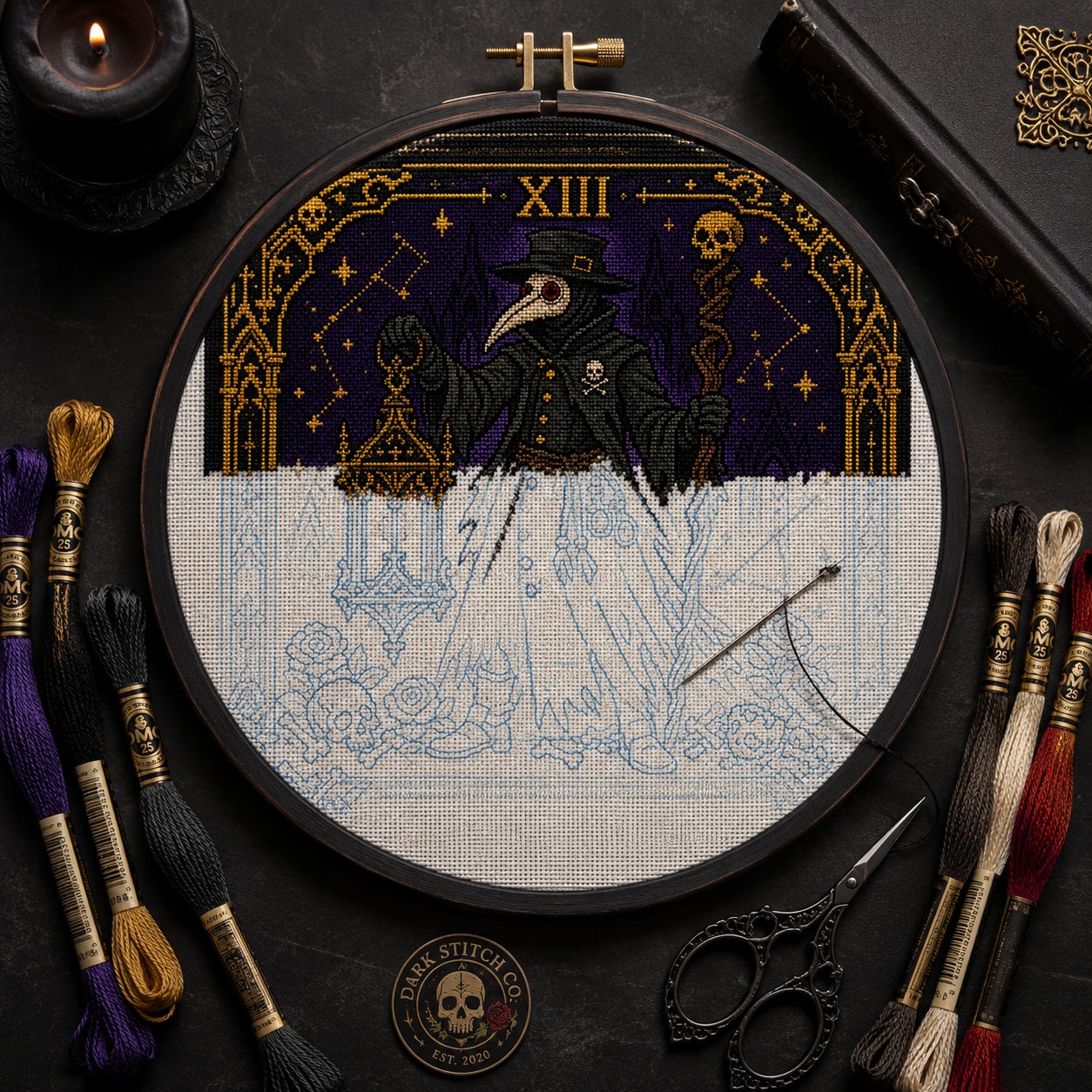 Plague Doctor Tarot Card Xi cross stitch pattern by DarkStitchCo — instant PDF download with bonus patterns