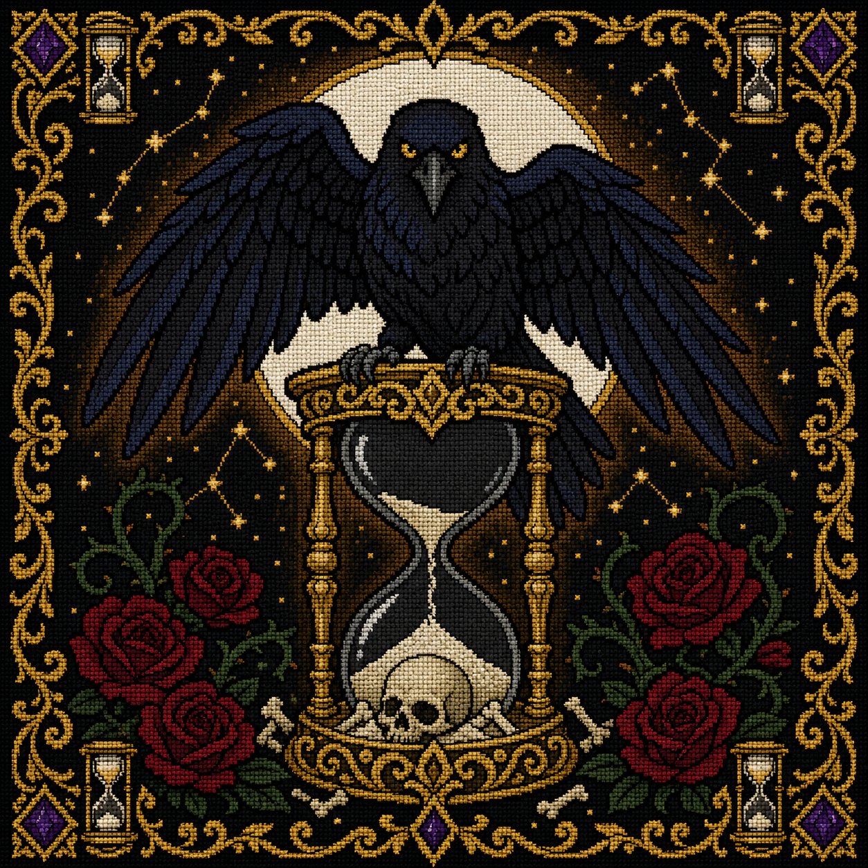Raven Hourglass cross stitch color chart preview with full DMC floss code list