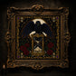 Raven Hourglass cross stitch hoop displayed in witchy gothic home decor aesthetic