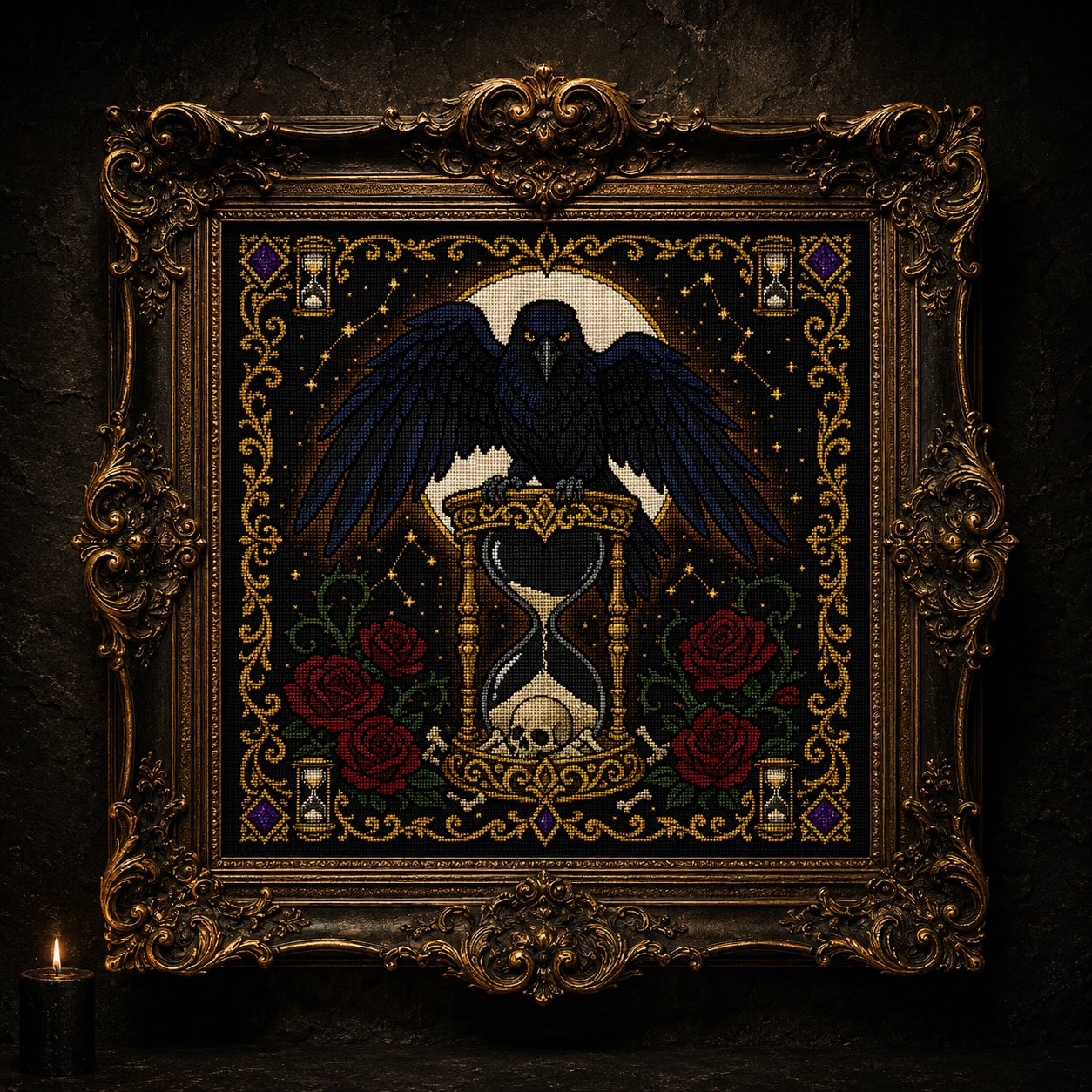 Raven Hourglass cross stitch hoop displayed in witchy gothic home decor aesthetic