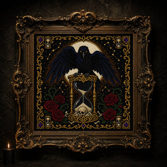 Raven Hourglass cross stitch hoop displayed in witchy gothic home decor aesthetic