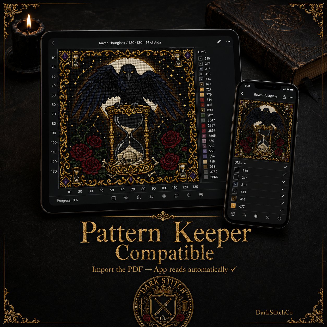 Raven Hourglass cross stitch black and white symbol chart preview — printer friendly