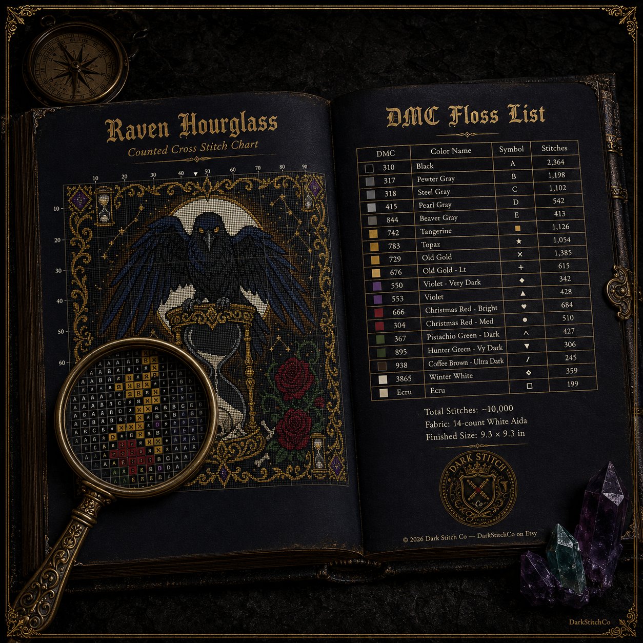 Raven Hourglass cross stitch finished on white Aida fabric with embroidery hoop