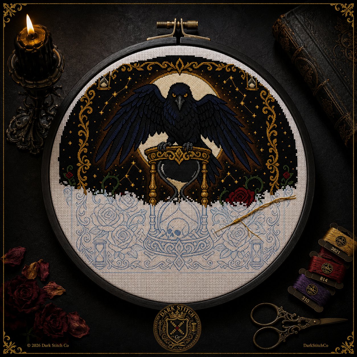 Raven Hourglass cross stitch gift idea for gothic stitchers and dark fantasy lovers