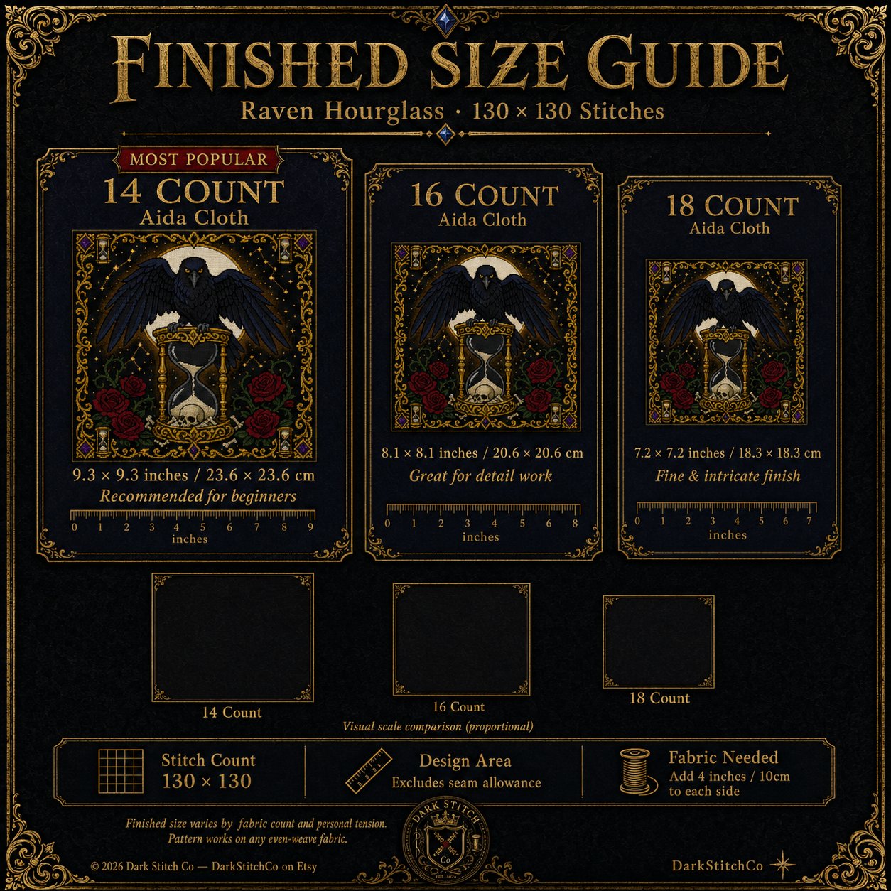 Raven Hourglass cross stitch pattern by DarkStitchCo — instant PDF download with bonus patterns