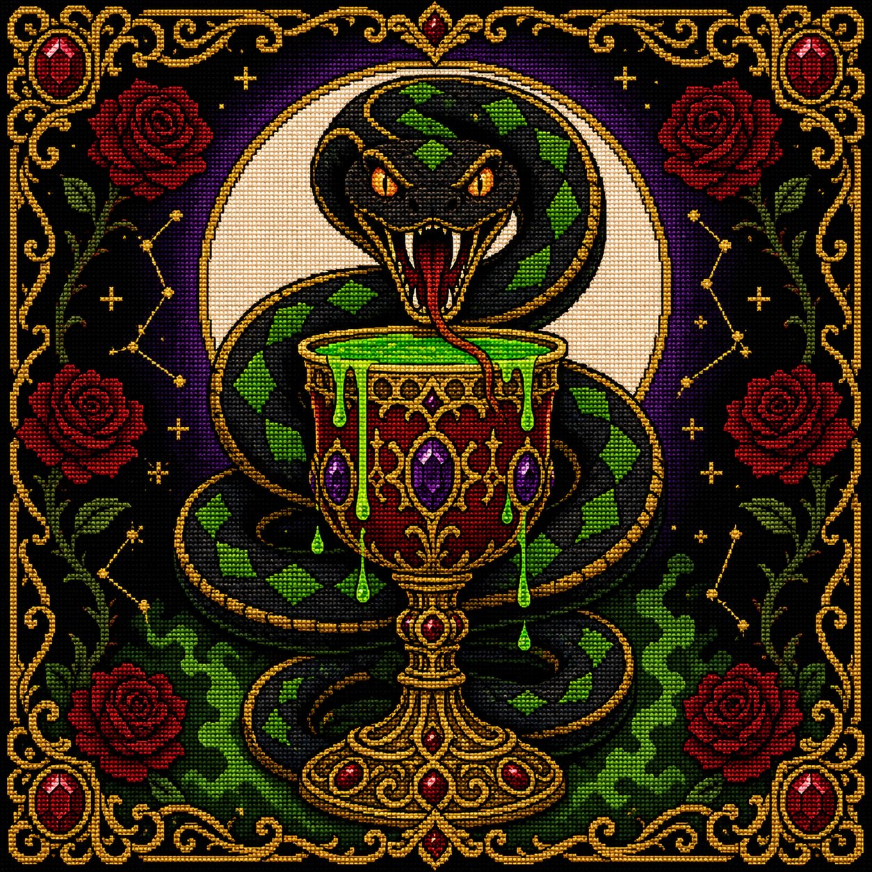Serpent Chalice cross stitch color chart preview with full DMC floss code list