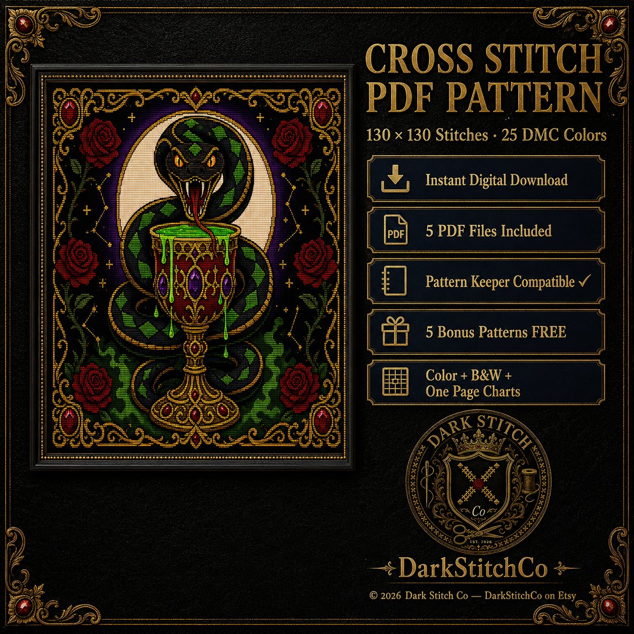 Serpent Chalice cross stitch hoop displayed in witchy gothic home decor aesthetic