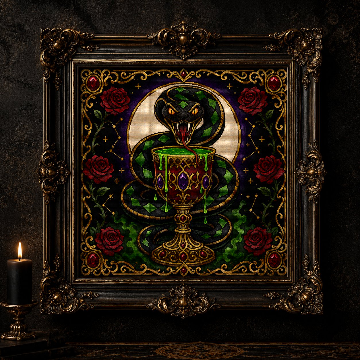Serpent Chalice cross stitch close-up detail showing intricate gothic stitch work