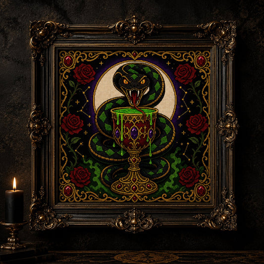 Serpent Chalice cross stitch close-up detail showing intricate gothic stitch work