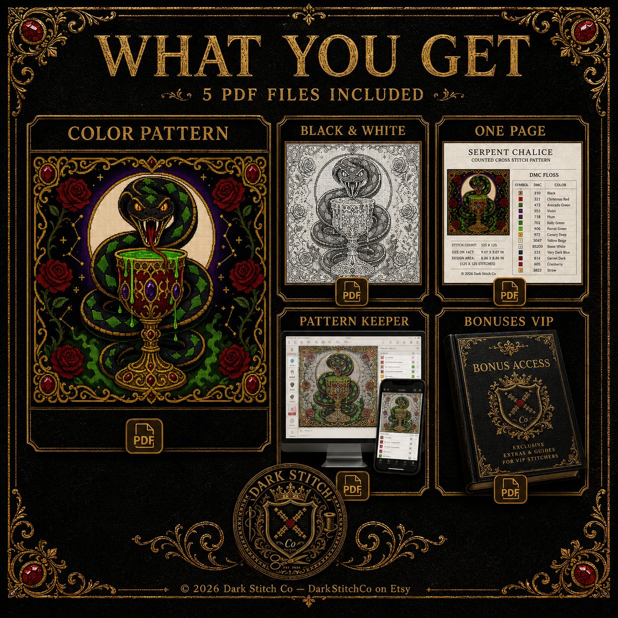 Serpent Chalice cross stitch pattern shown with DMC floss thread color palette