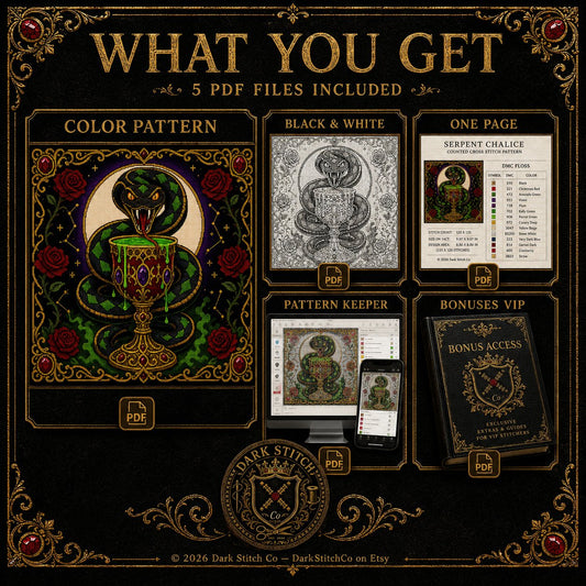 Serpent Chalice cross stitch pattern shown with DMC floss thread color palette
