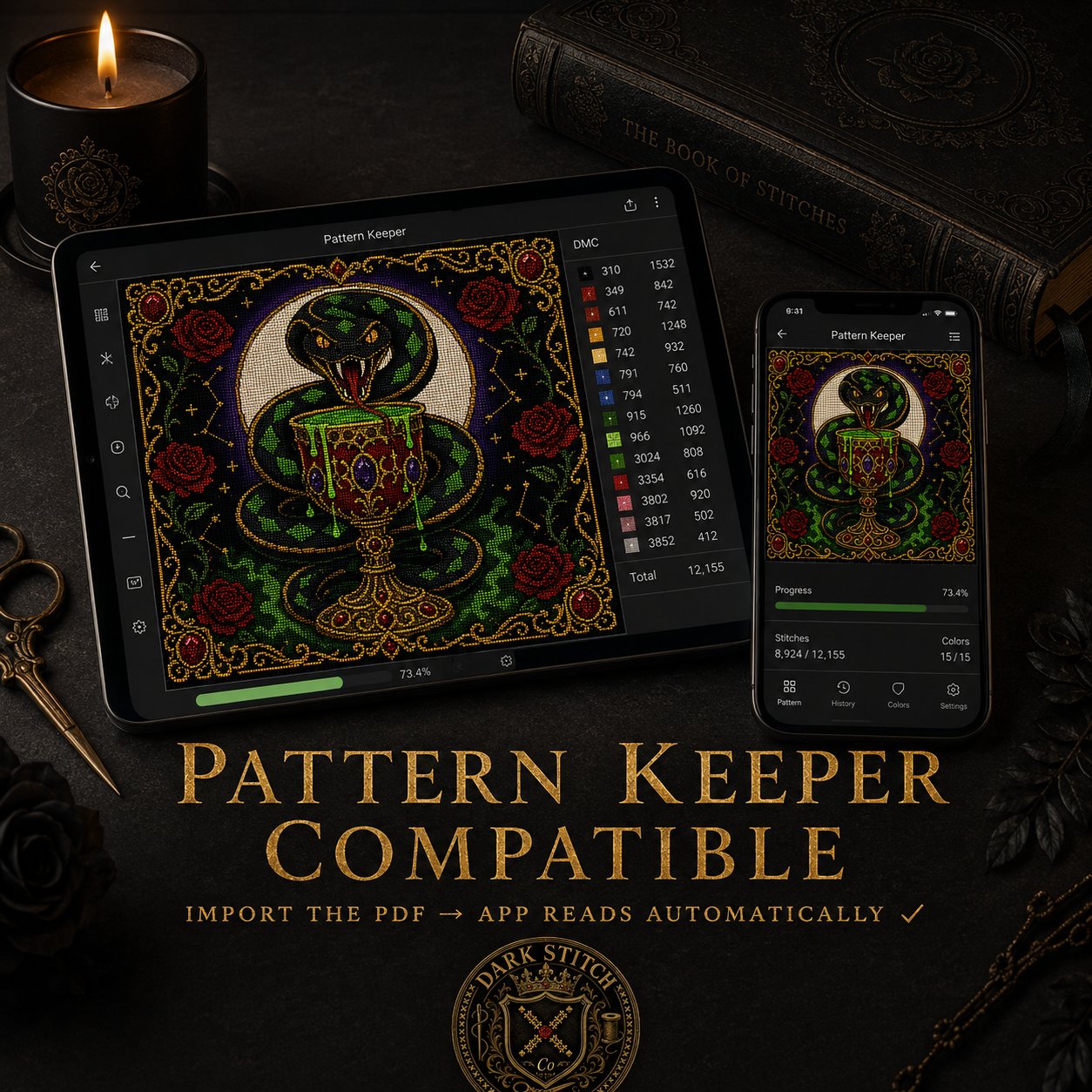Serpent Chalice cross stitch finished on white Aida fabric with embroidery hoop