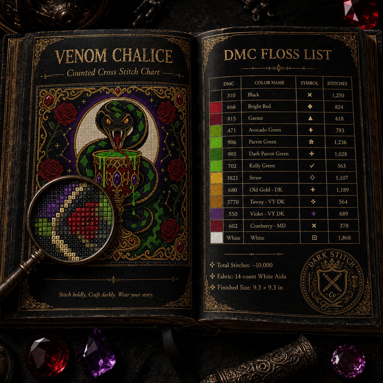 Serpent Chalice cross stitch gift idea for gothic stitchers and dark fantasy lovers