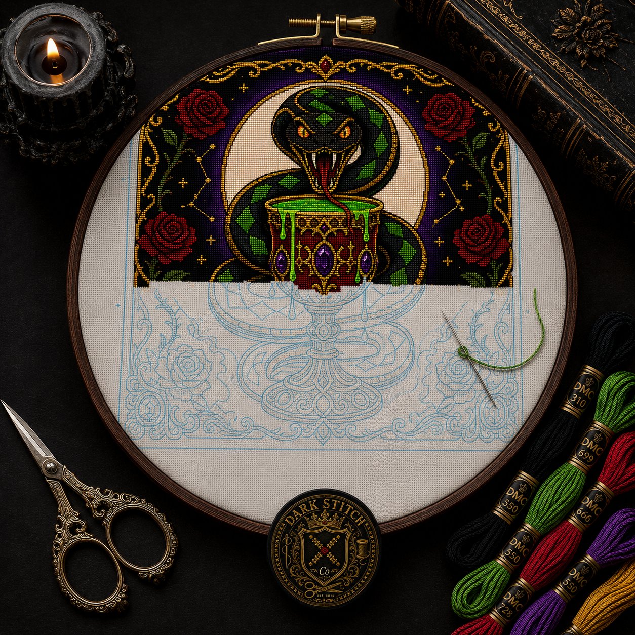 Serpent Chalice cross stitch pattern by DarkStitchCo — instant PDF download with bonus patterns