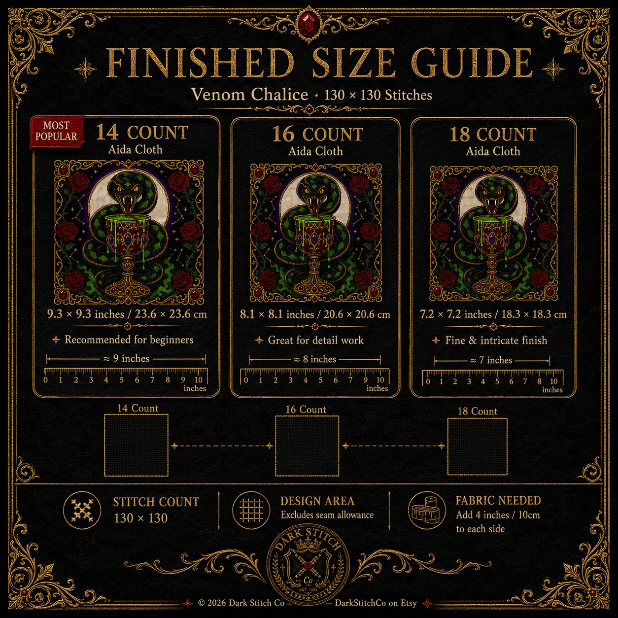 Serpent Chalice cross stitch pattern by DarkStitchCo — instant PDF download with bonus patterns
