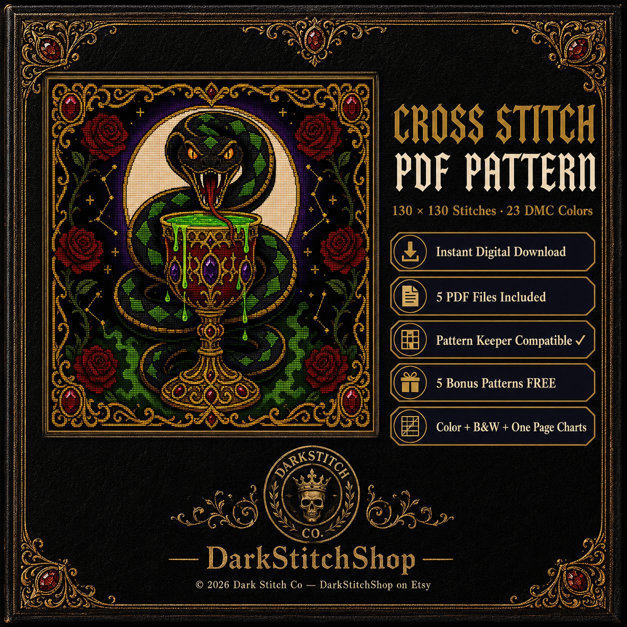 Serpent Chalice cross stitch pattern by DarkStitchCo — instant PDF download with bonus patterns