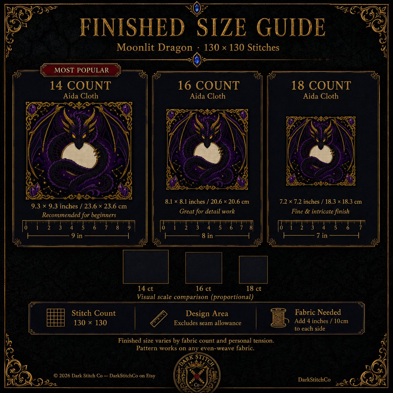 Shadow Dragon Moon cross stitch color chart preview with full DMC floss code list
