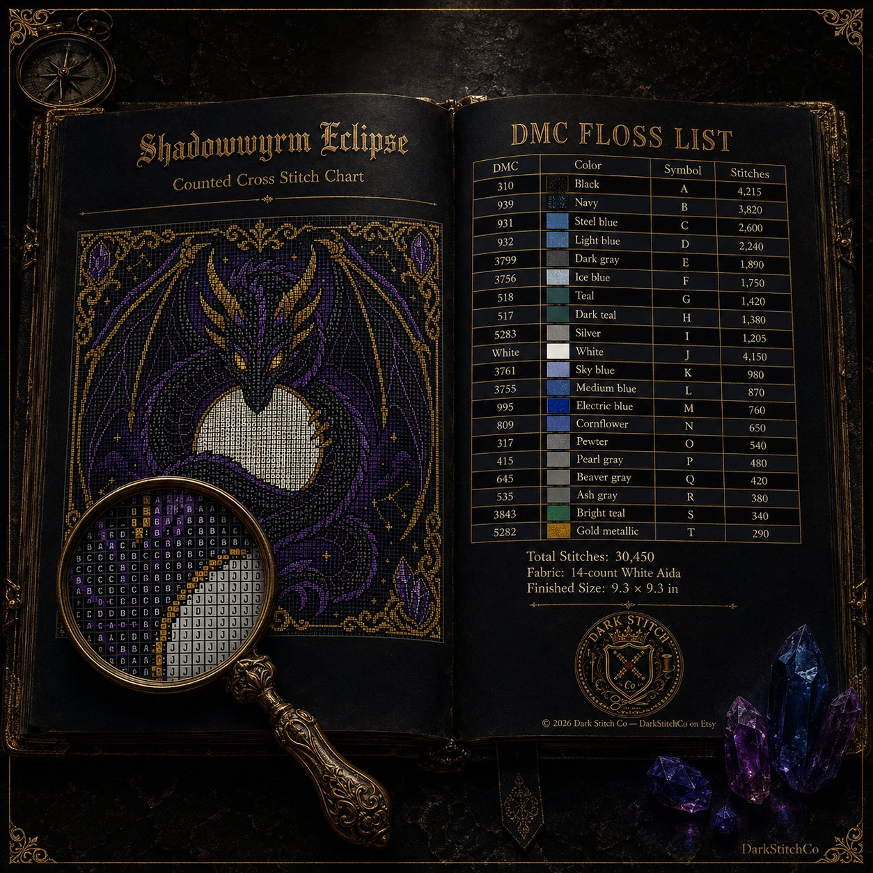 Shadow Dragon Moon cross stitch close-up detail showing intricate gothic stitch work