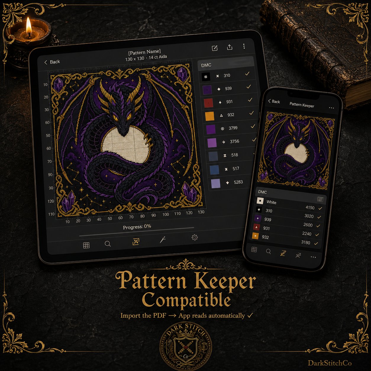 Shadow Dragon Moon cross stitch pattern shown with DMC floss thread color palette