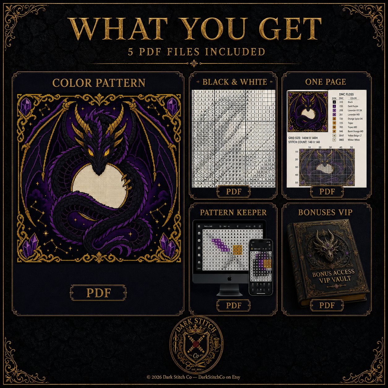 Shadow Dragon Moon cross stitch black and white symbol chart preview — printer friendly