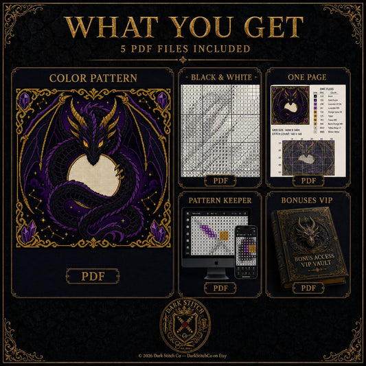 Shadow Dragon Moon cross stitch black and white symbol chart preview — printer friendly