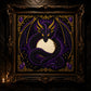 Shadow Dragon Moon cross stitch finished on white Aida fabric with embroidery hoop