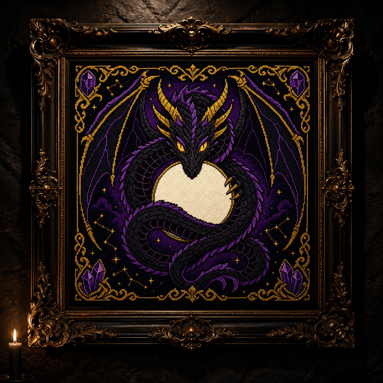 Shadow Dragon Moon cross stitch finished on white Aida fabric with embroidery hoop