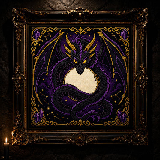 Shadow Dragon Moon cross stitch finished on white Aida fabric with embroidery hoop