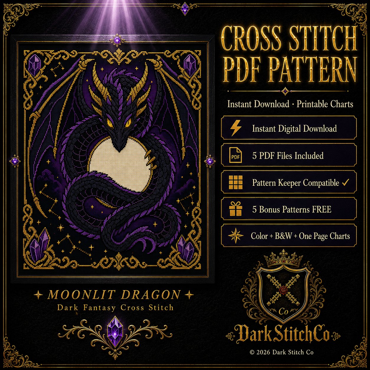 Shadow Dragon Moon cross stitch gift idea for gothic stitchers and dark fantasy lovers